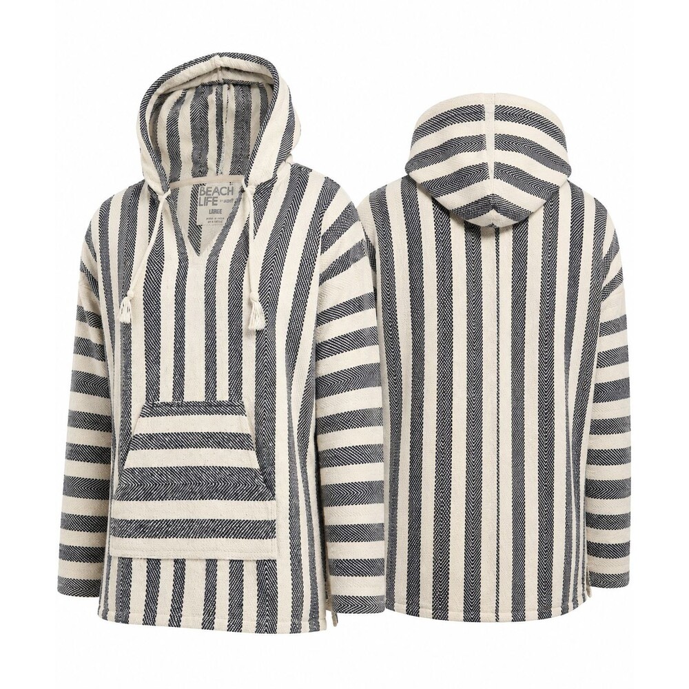 Beach Life Baja Hoodie Pullover L Cream Navy Striped Southwestern Boho Beach